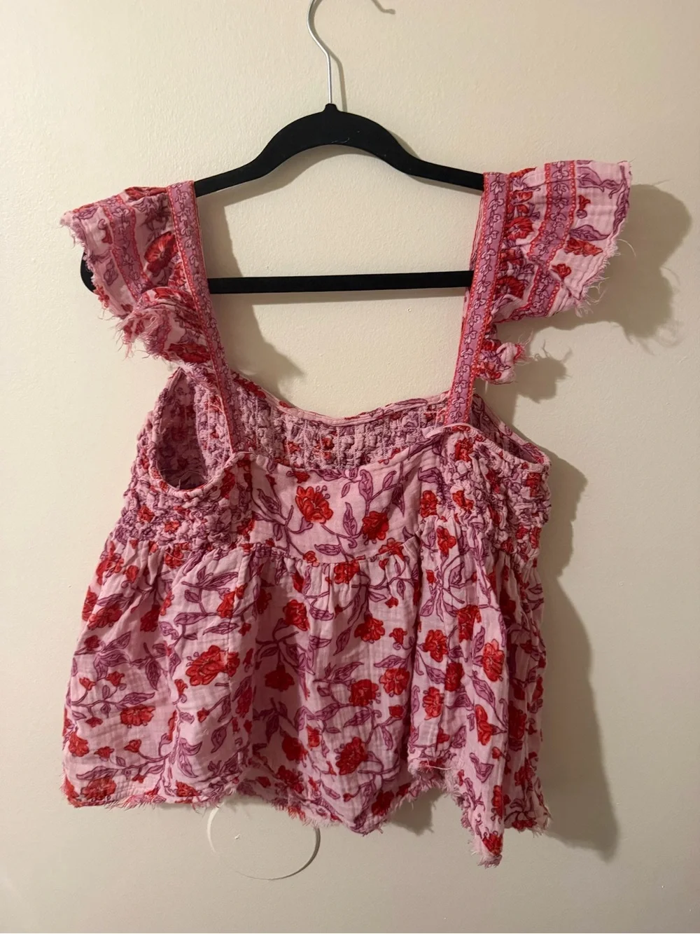Free People Pink Smocked Floral Tank with Red Print